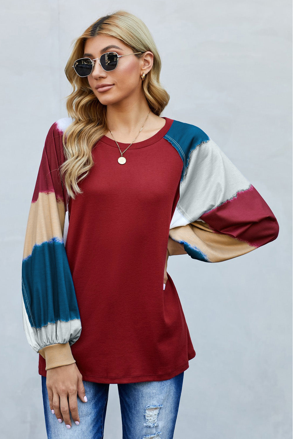 Camisetas holgadas de manga farol con bloque de color