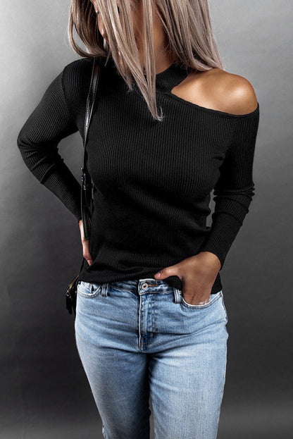 Cold Shoulder Solid Color Ribbed Texture Long Sleeve Top