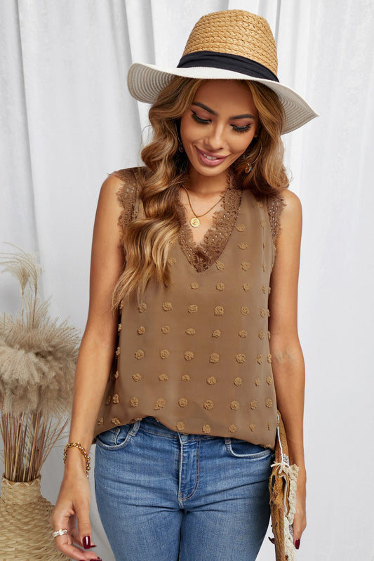 Swiss Dot Lace Stitching V Neck Tank Top