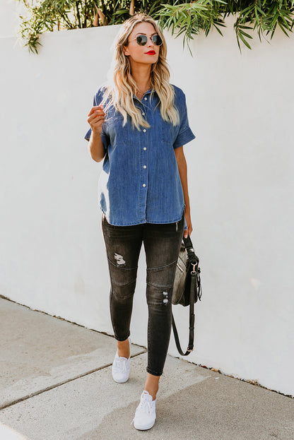 Chemise en jean à manches courtes et col rabattu 