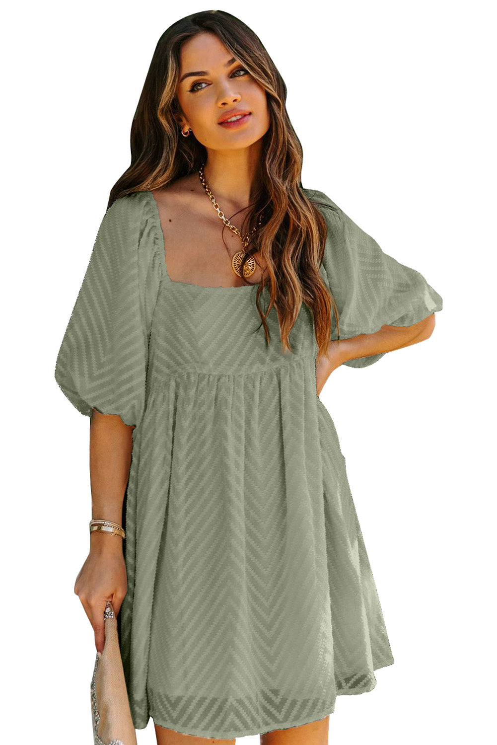 Mini-robe babydoll à col carré et manches bouffantes