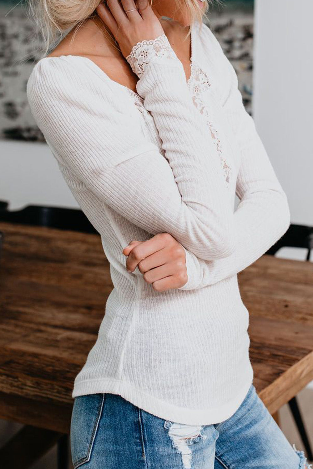 Haut à manches longues côtelé en patchwork de dentelle 