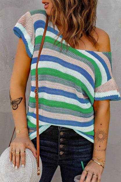 Top de punto de manga corta con volantes a rayas multicolor