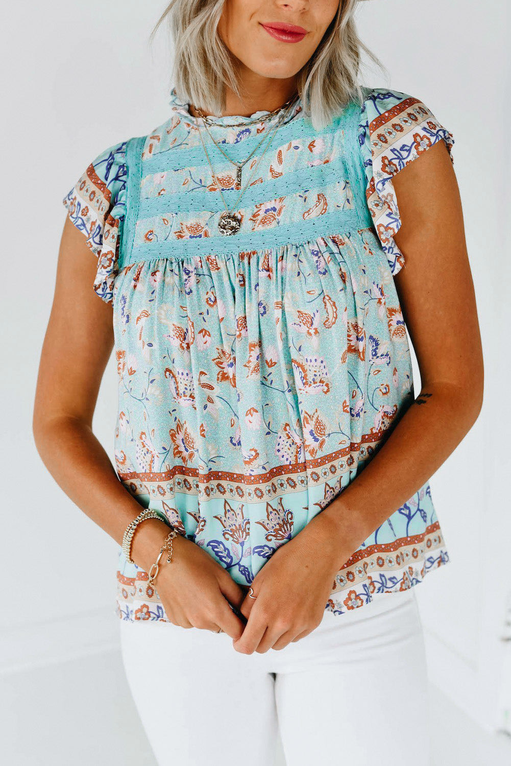 Floral Print Ruffled Crew Neck Sleeveless Top