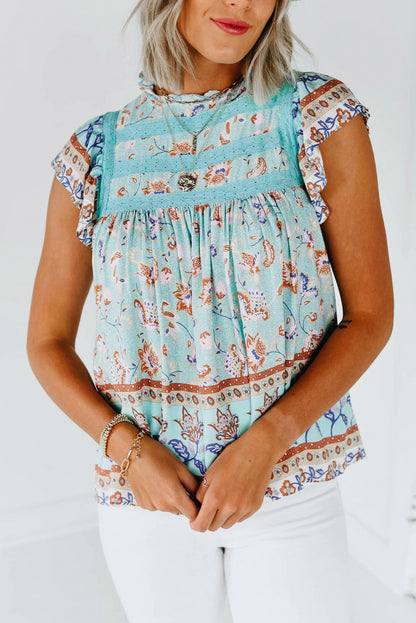 Floral Print Ruffled Crew Neck Sleeveless Top