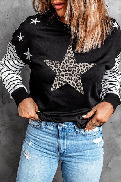 Striped Star Print Patchwork Long Sleeve Top
