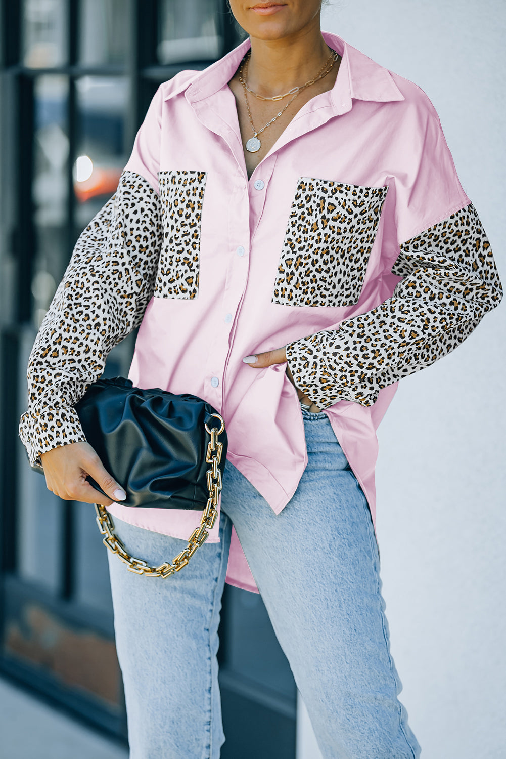 Chemise patchwork à manches longues et épaules tombantes