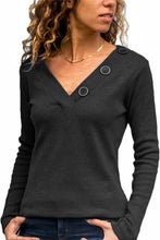 V-neck Button Solid Color Long Sleeve Top