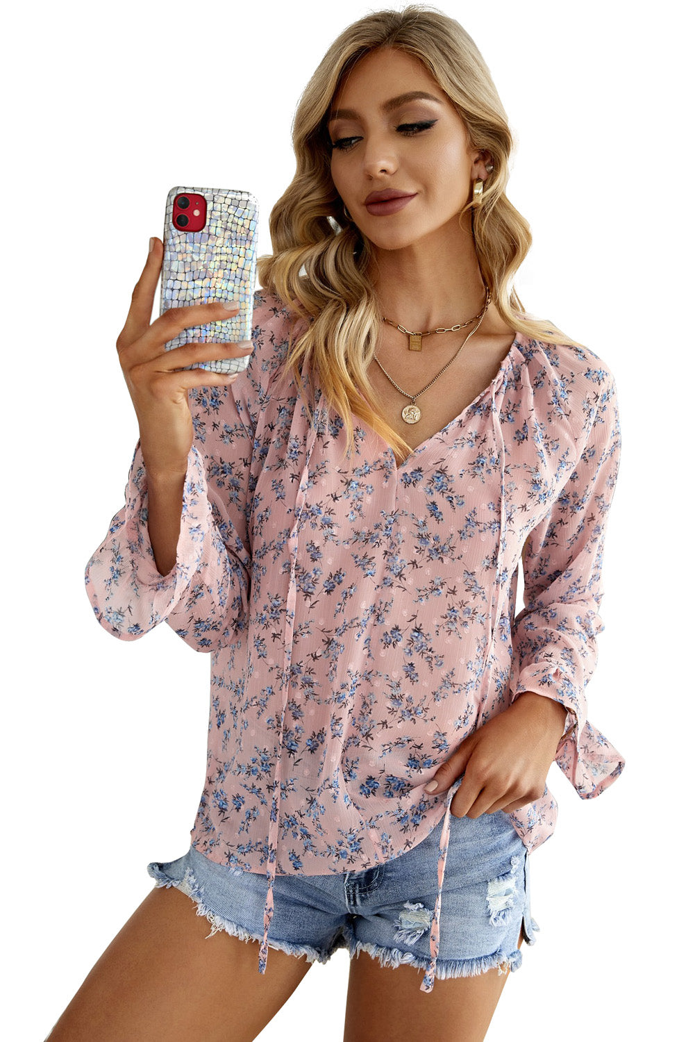 Floral Print Drawstring Long Bell Sleeve Blouse