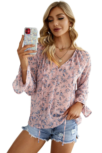 Floral Print Drawstring Long Bell Sleeve Blouse