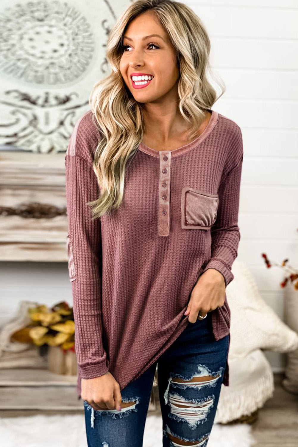 Haut boutonné à manches longues et patchs de coude gaufrés 