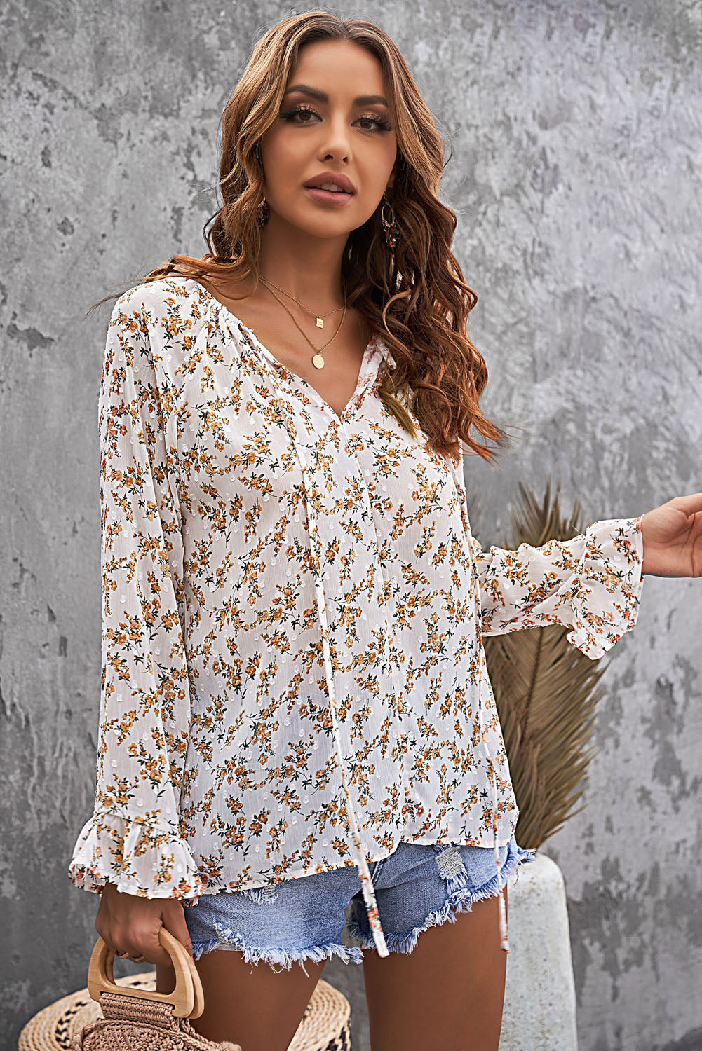 Floral Print Drawstring Long Bell Sleeve Blouse