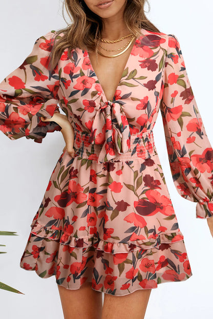 V Neck Lantern Sleeve Knotted Tiered Mini Dress