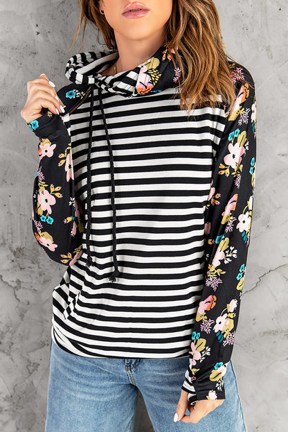 Sudadera con capucha y cremallera de manga larga con estampado floral a rayas