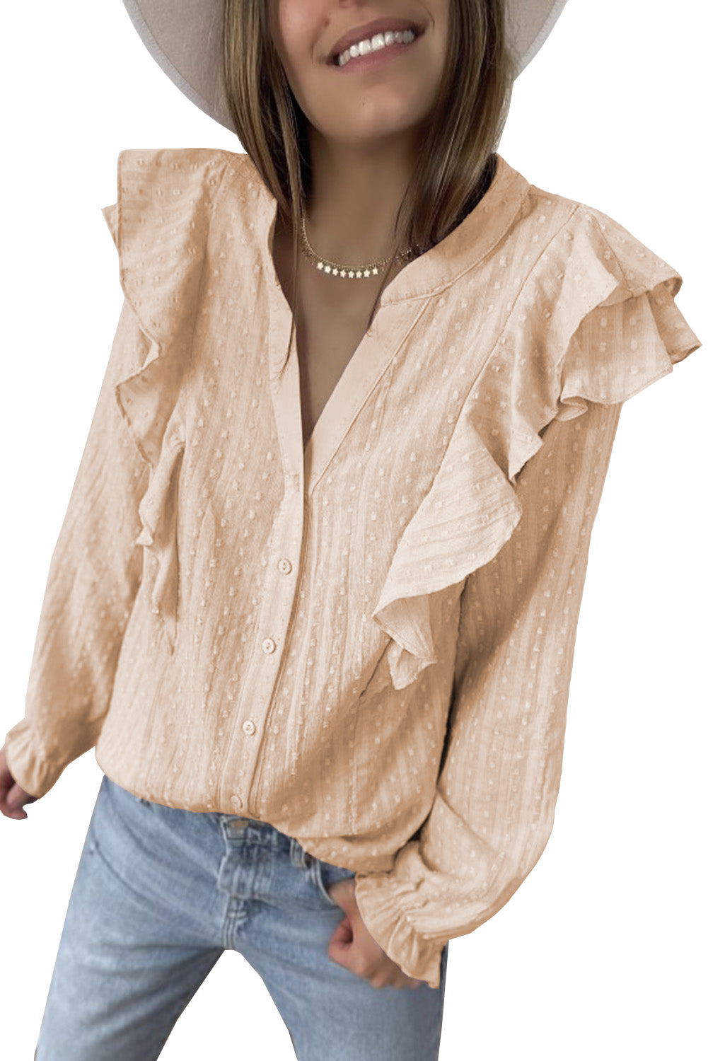 Camisa con mangas de burbujas y volantes transparentes con textura punteada