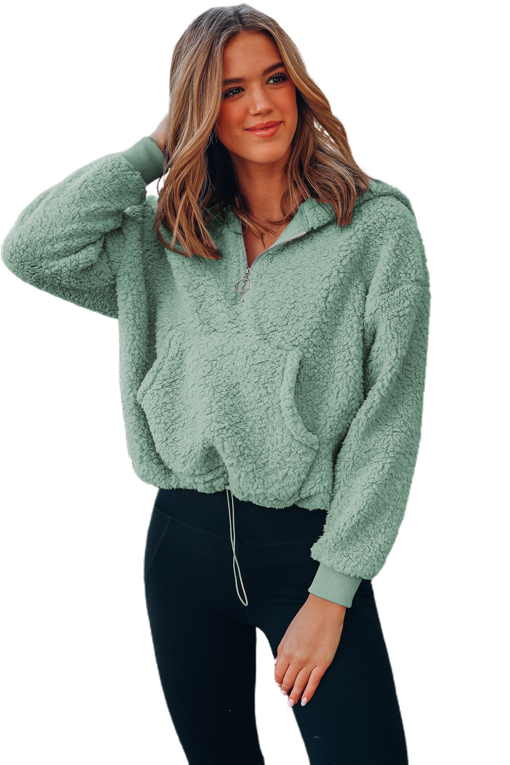 Sweat-shirt à capuche zippé 1/4 en sherpa avec kangourou