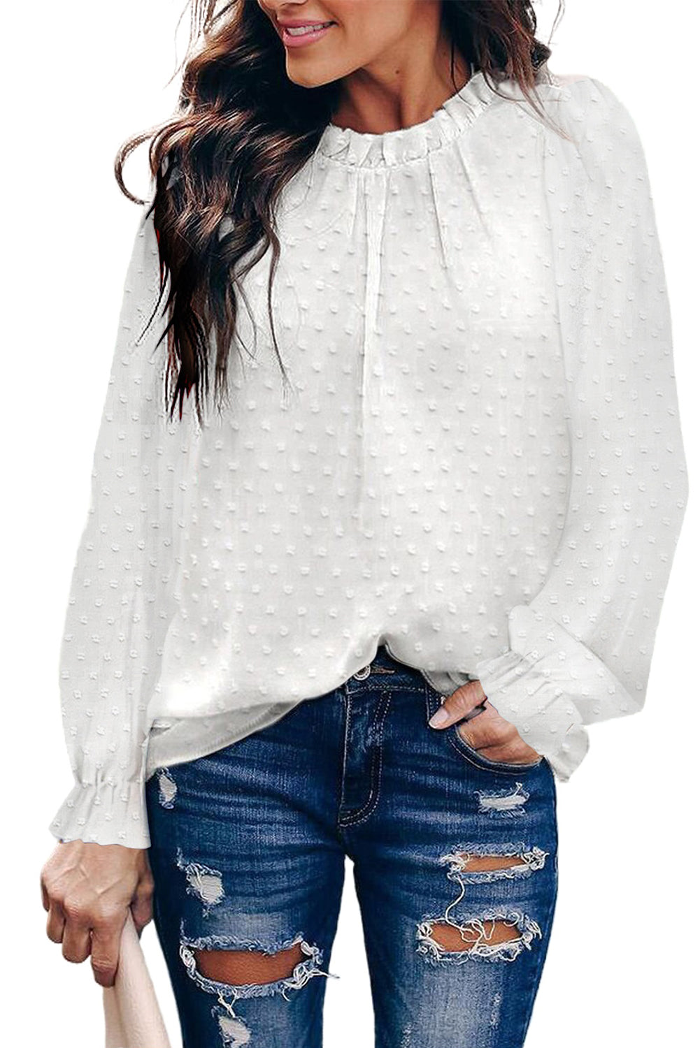 Ruffled Crewneck Swiss Dot Bubble Sleeve Blouse