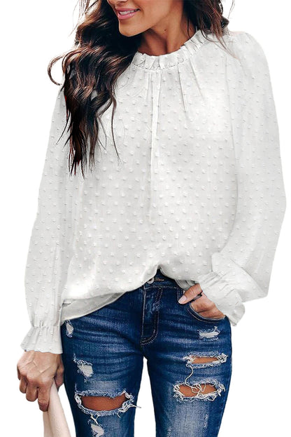 Ruffled Crewneck Swiss Dot Bubble Sleeve Blouse