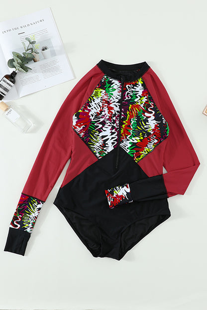 Traje de baño de una pieza Rashguard con patchwork a rayas florales