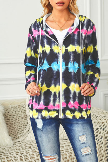 Multicolor Tie-Dyed Zipper Pocket Drawstring Hooded Jacket