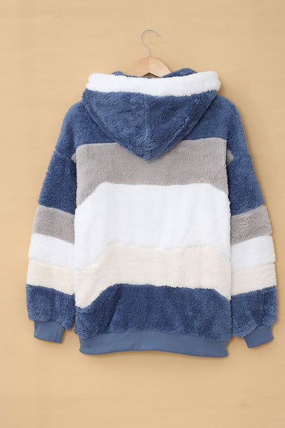 Abrigo sherpa con cremallera y bloques de color rojo vino con capucha 