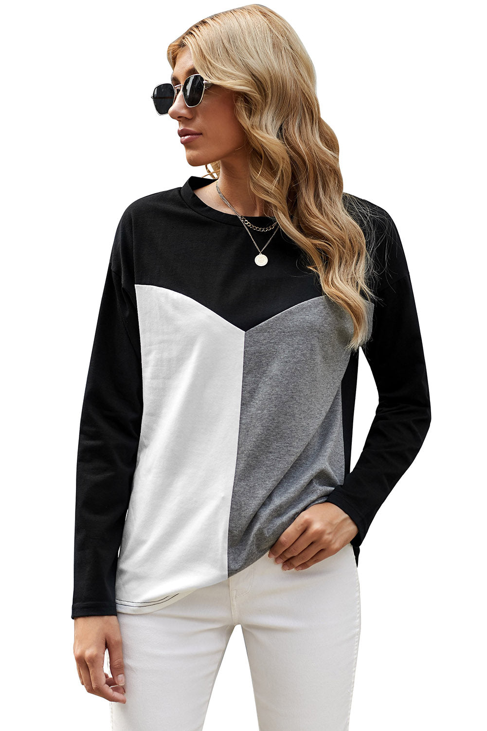 Color Block Splicing O-Neck Blouse