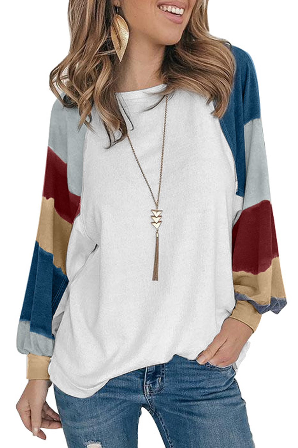 Camisetas holgadas de manga farol con bloque de color