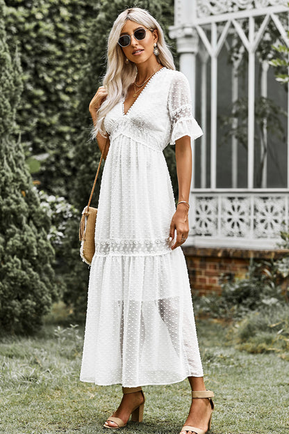 Swiss Dot Lace Trim Maxi Dress