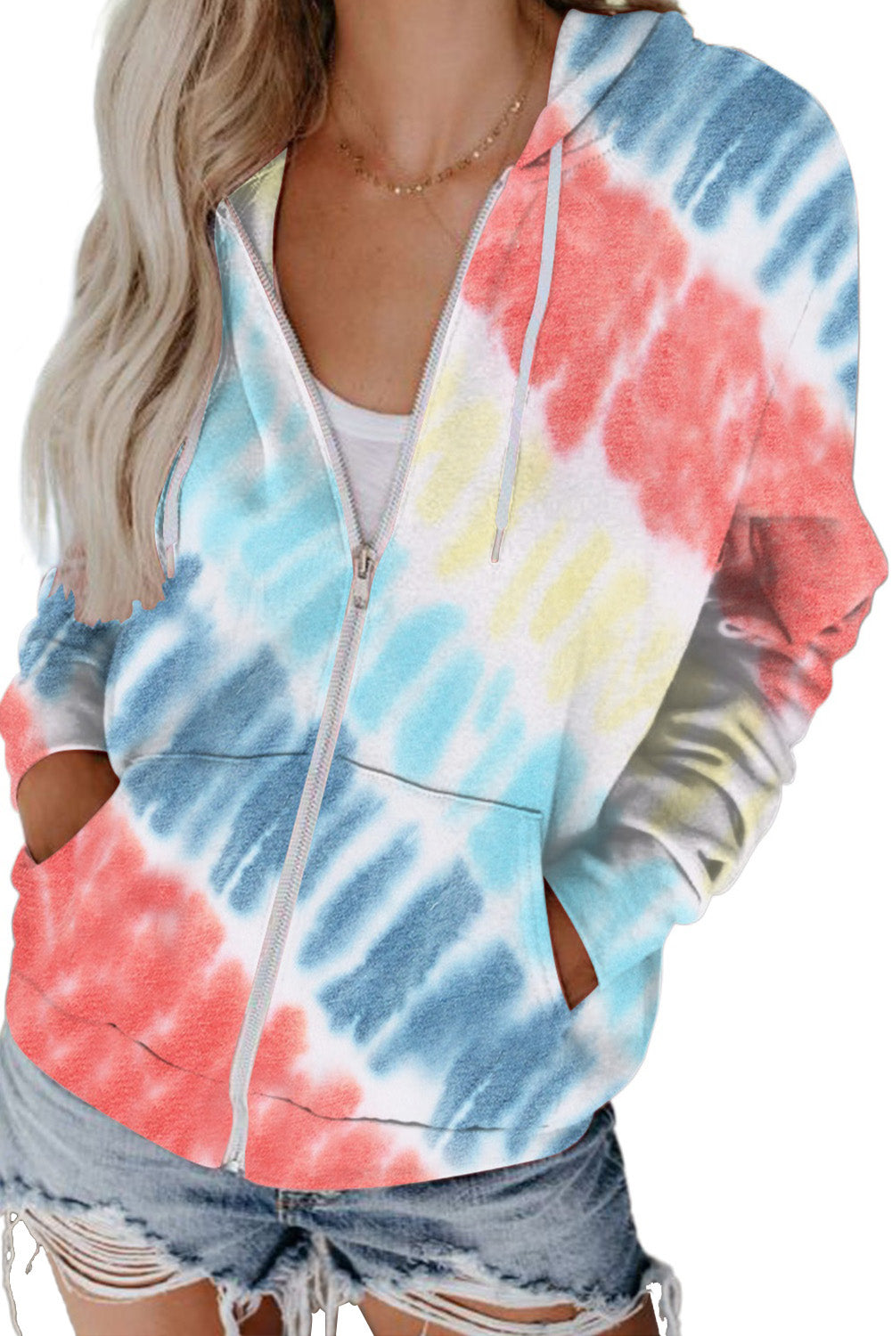 Multicolor Tie-Dyed Zipper Pocket Drawstring Hooded Jacket