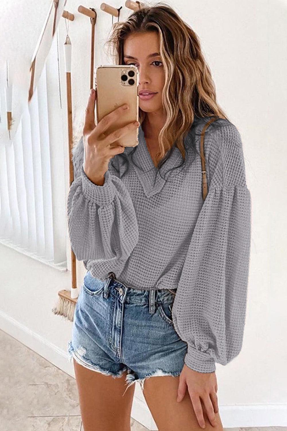 Billowed Sleeve Thermal Knit Top - HannaBanna Clothing