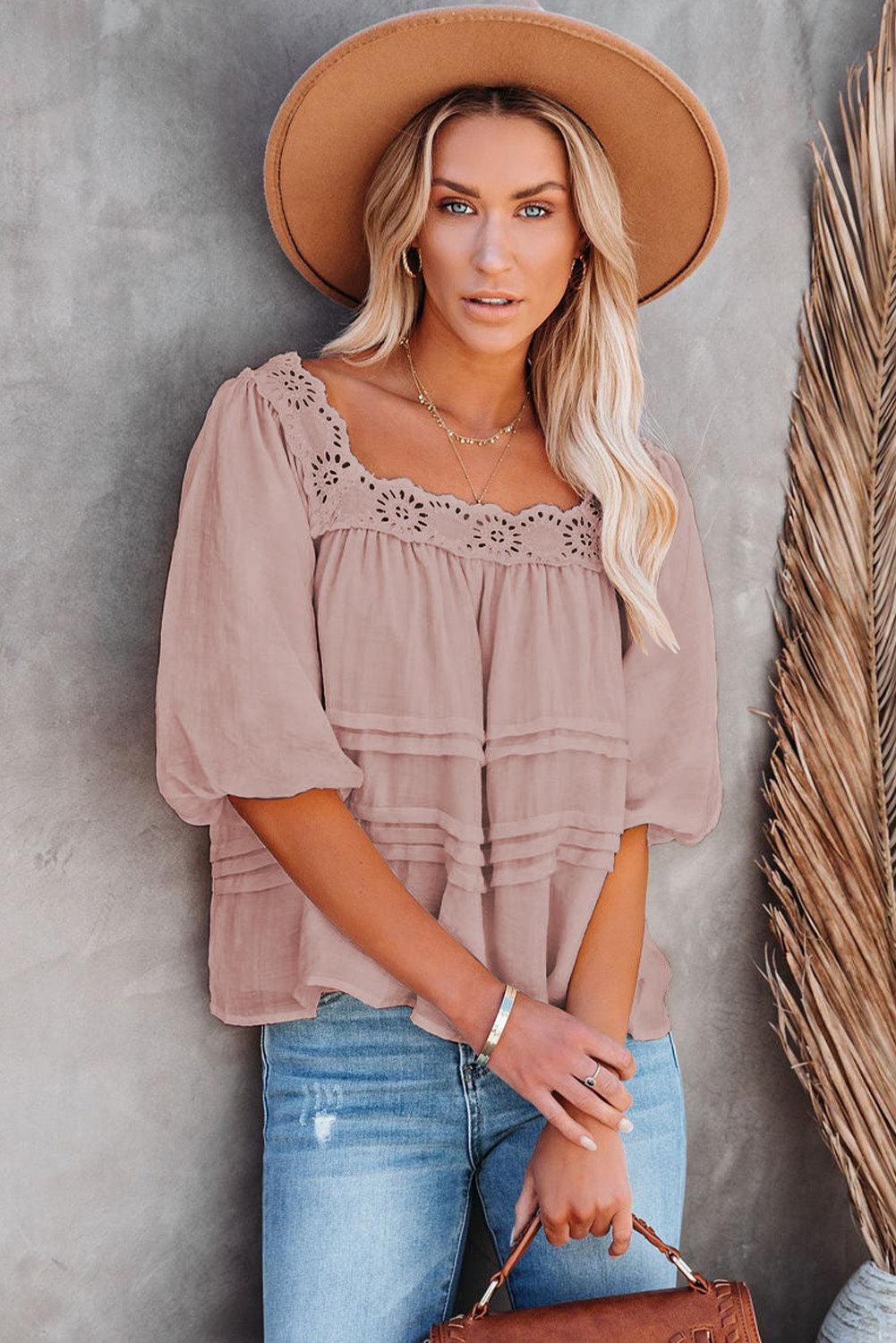 Beige Puff Sleeve Eyelet Babydoll Blouse - HannaBanna Clothing