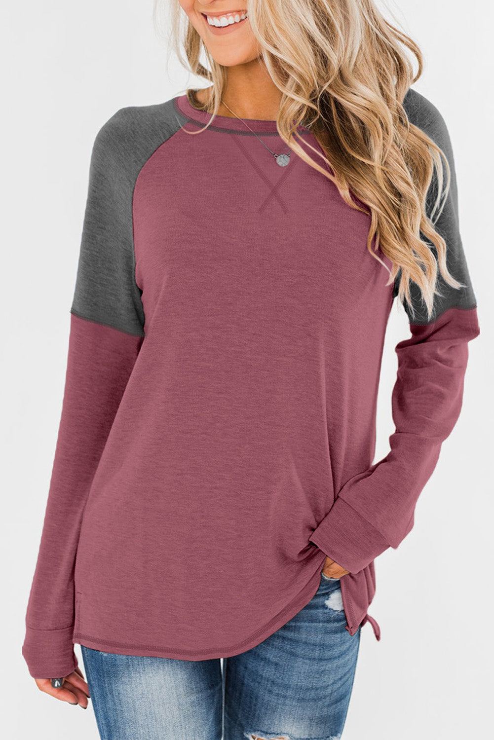 Top de manga raglán con bloque de color caqui