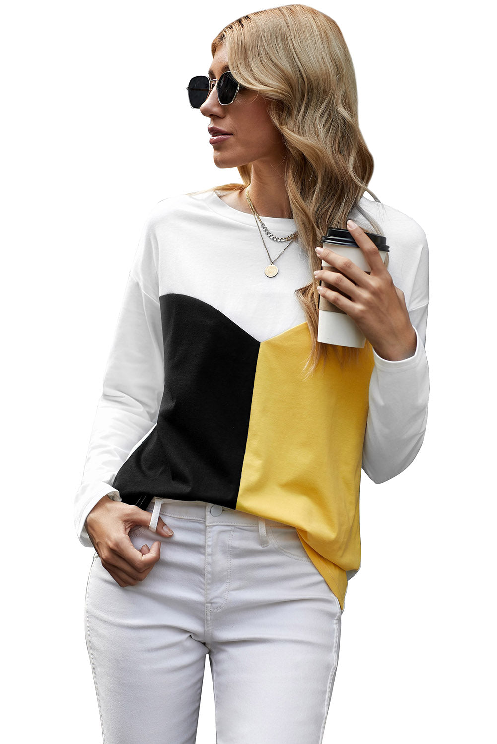 Color Block Splicing O-Neck Blouse