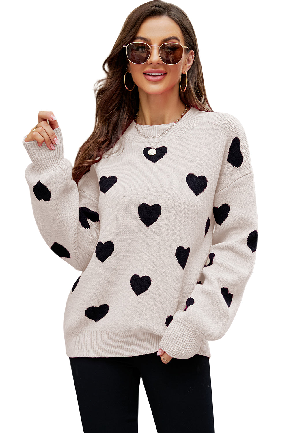 Heart Pattern Ribbed Trim Knit Sweater