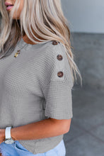 Buttons Short Sleeve Crew Neck Waffle Knit Top