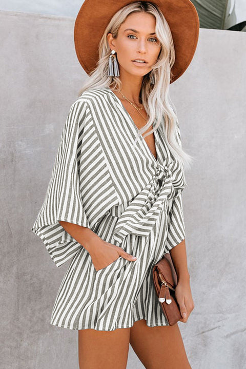 3/4 Wide Kimono Sleeves Tie Front Striped Romper with Pockets