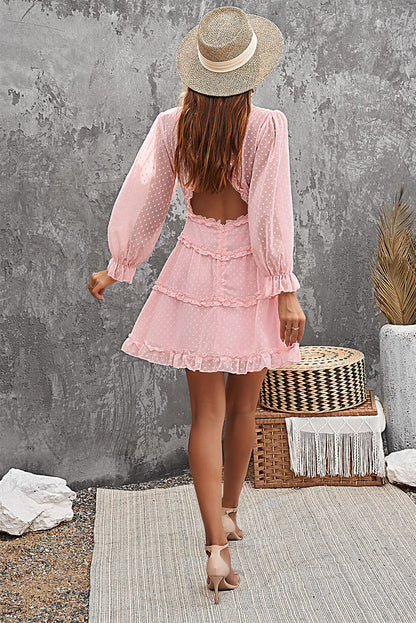Layered Ruffled Open Back Puff Sleeve Swiss Dot Mini Dress