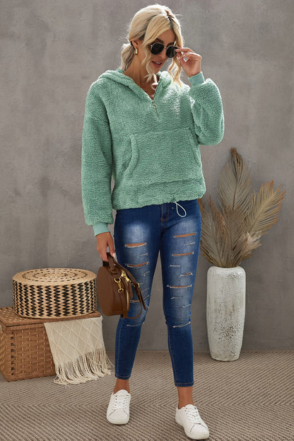 Sweat-shirt à capuche zippé 1/4 en sherpa avec kangourou