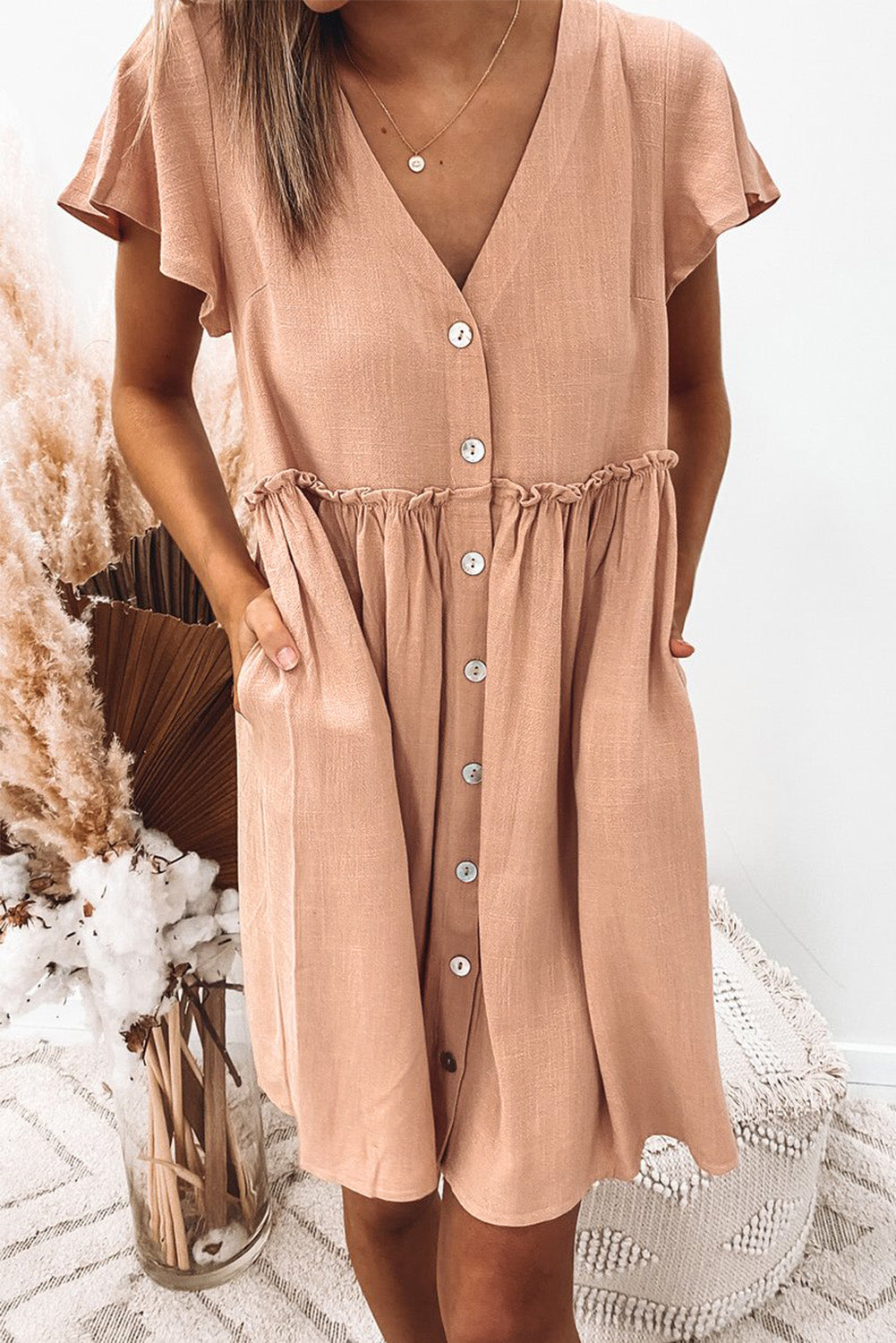 V Neck Buttoned Empire Waist Babydoll Mini Dress