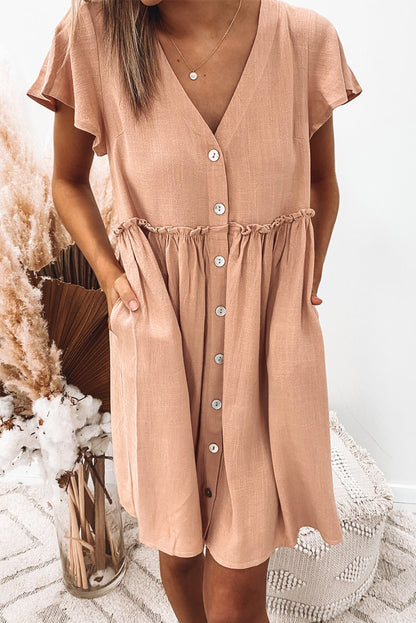 V Neck Buttoned Empire Waist Babydoll Mini Dress