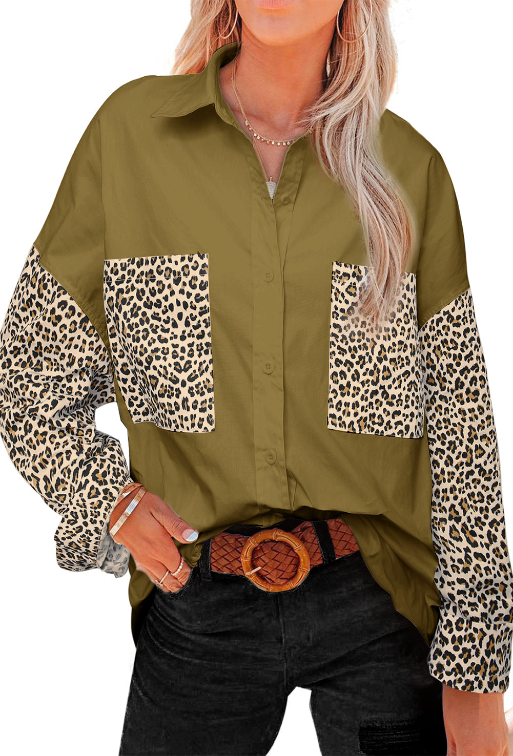 Chemise patchwork à manches longues et épaules tombantes