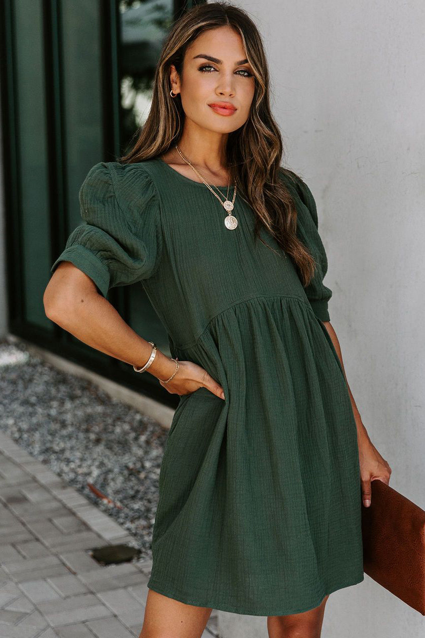 Pocketed Puff Sleeve Empire Waist Swing Short Dress