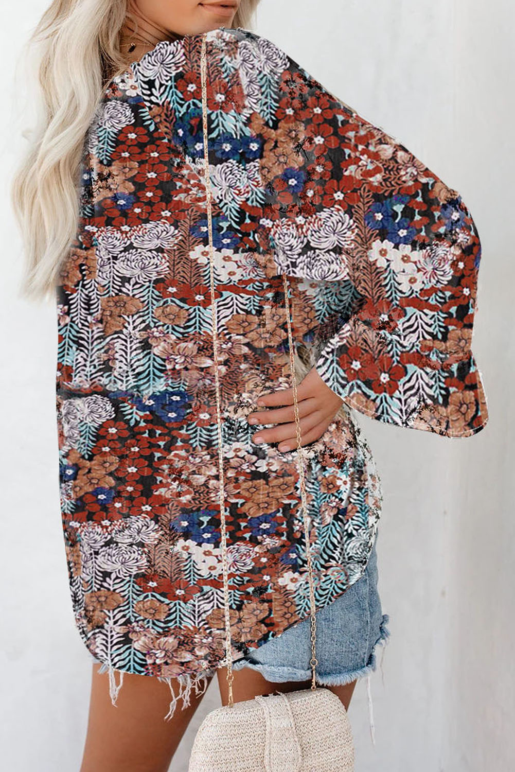 Floral Print Drawstring Long Bell Sleeve Blouse