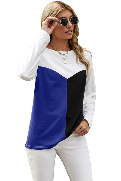 Color Block Splicing O-Neck Blouse