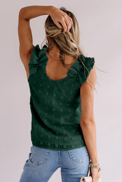 Top sin mangas de tejido Swiss Dot con tirantes con volantes 