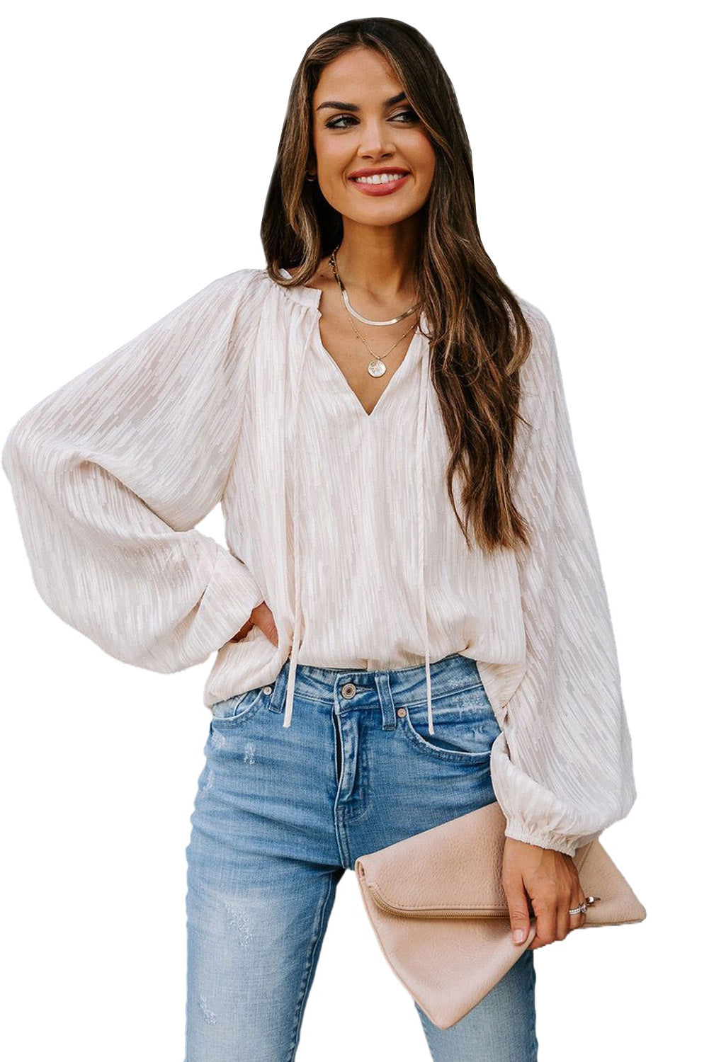 Haut uni texturé à col en V et manches lanternes 