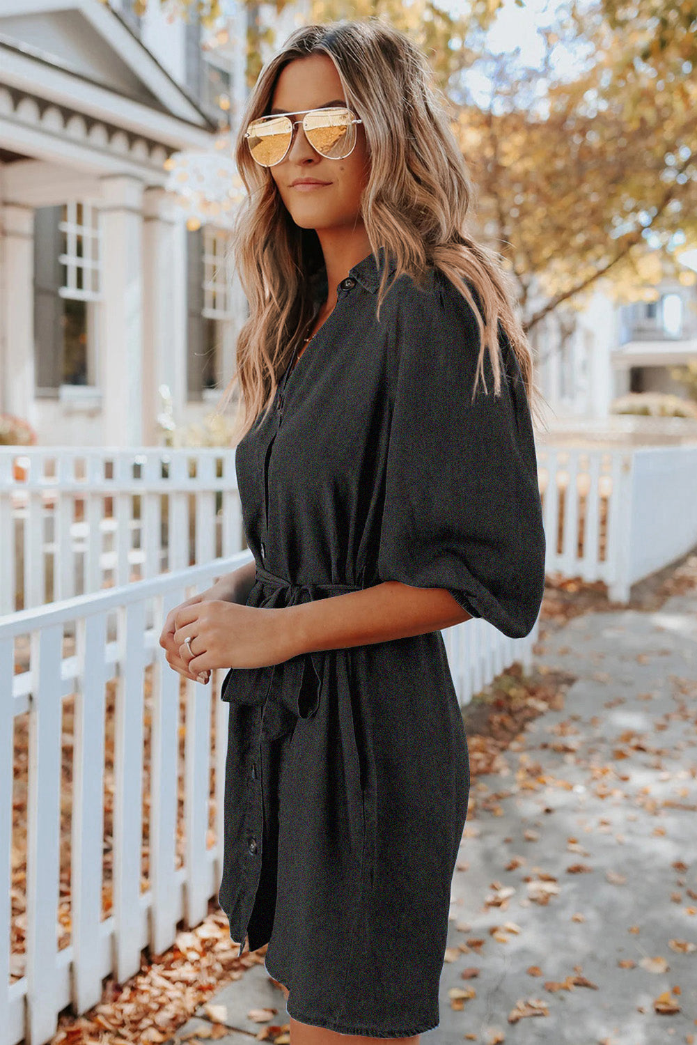 Buttoned Tie Waist Denim Shirt Mini Dress