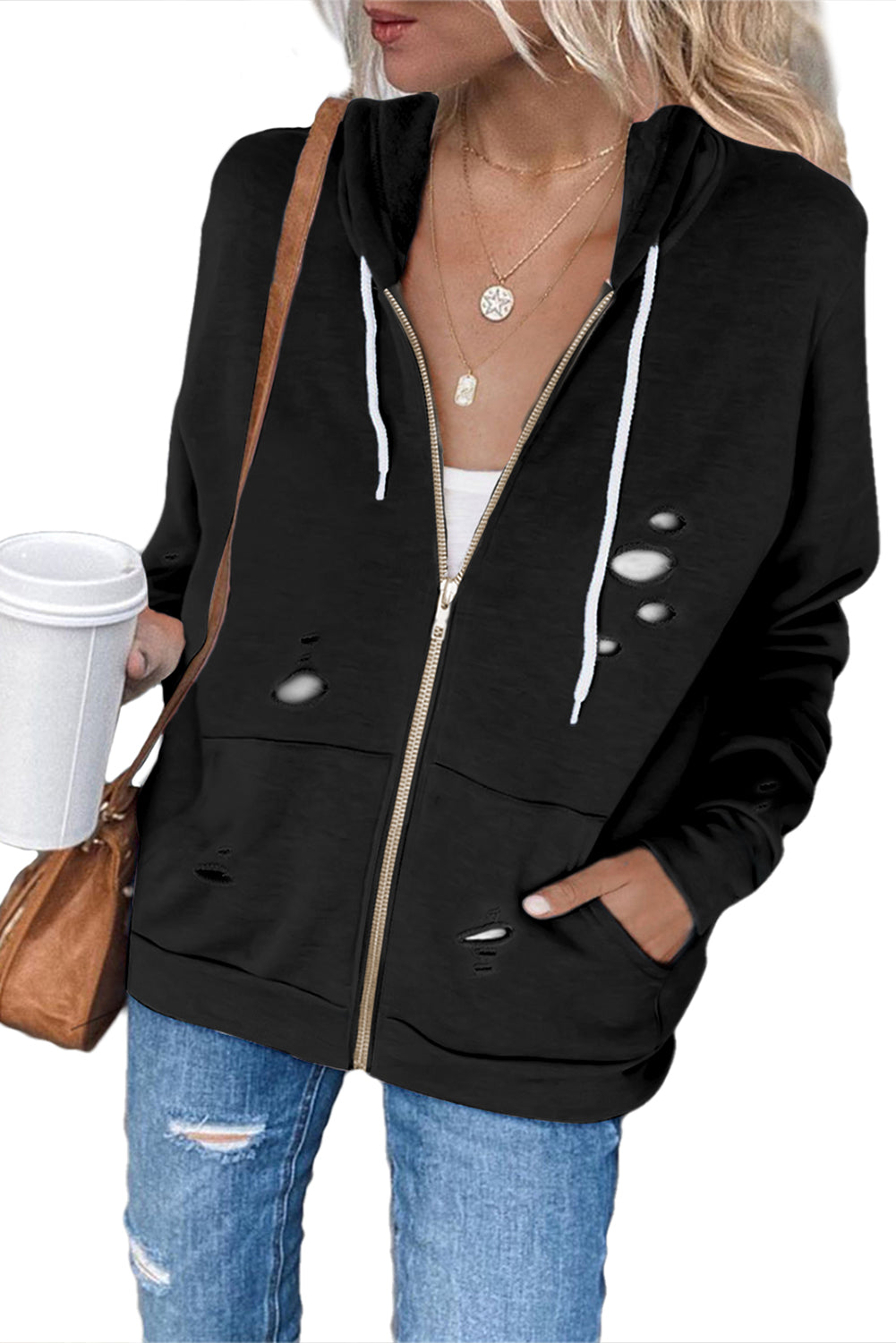 Sweat à capuche avec poche zippée déchirée 