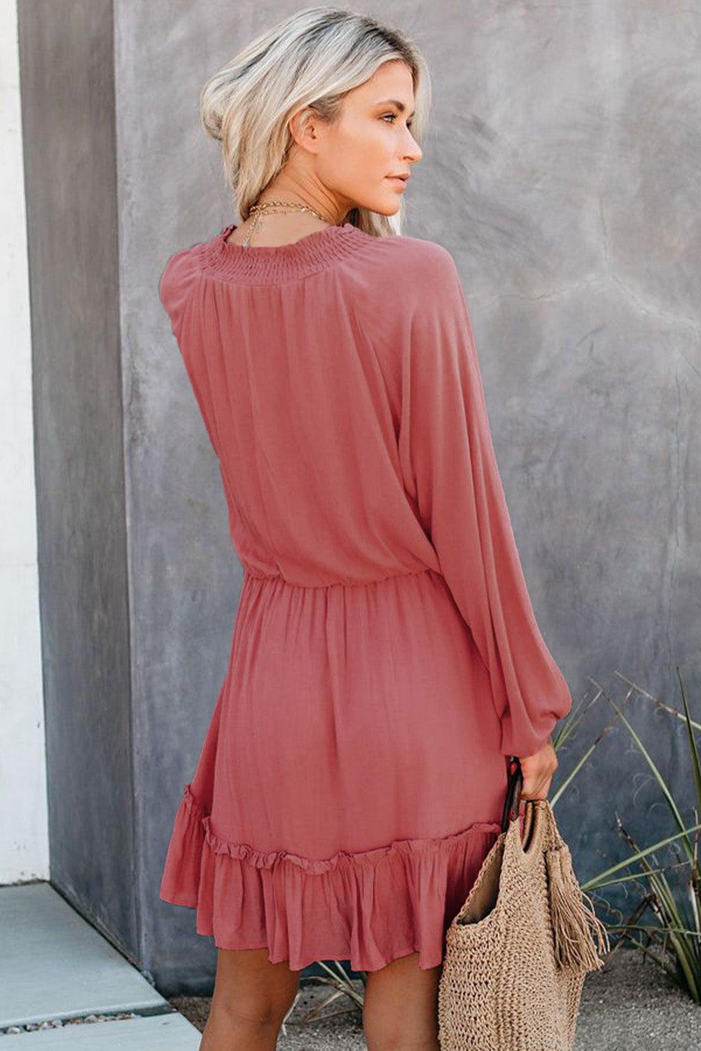 Khaki Bubble Sleeve Split Neck Ruffle Tunic Dress