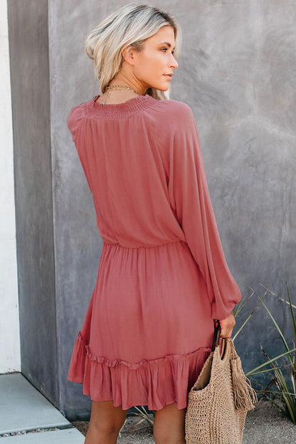Khaki Bubble Sleeve Split Neck Ruffle Tunic Dress